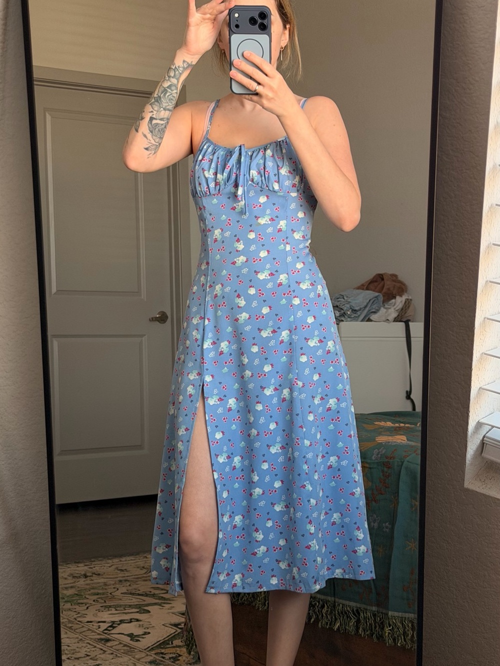Blue Floral Tie-Front Midi Dress